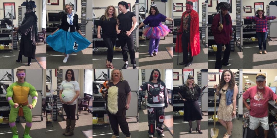 Top l to r: Maleficent, Sock Hop, Sandy and Danny (Grease), Unicorn, the Devil, Pirate, Scarecrow.  Bottom l to r: Donatello, Mummy, Tod and Copper (The Fox and the Hound), Operations Game, Flapper, Gold Digger, Grumpy.